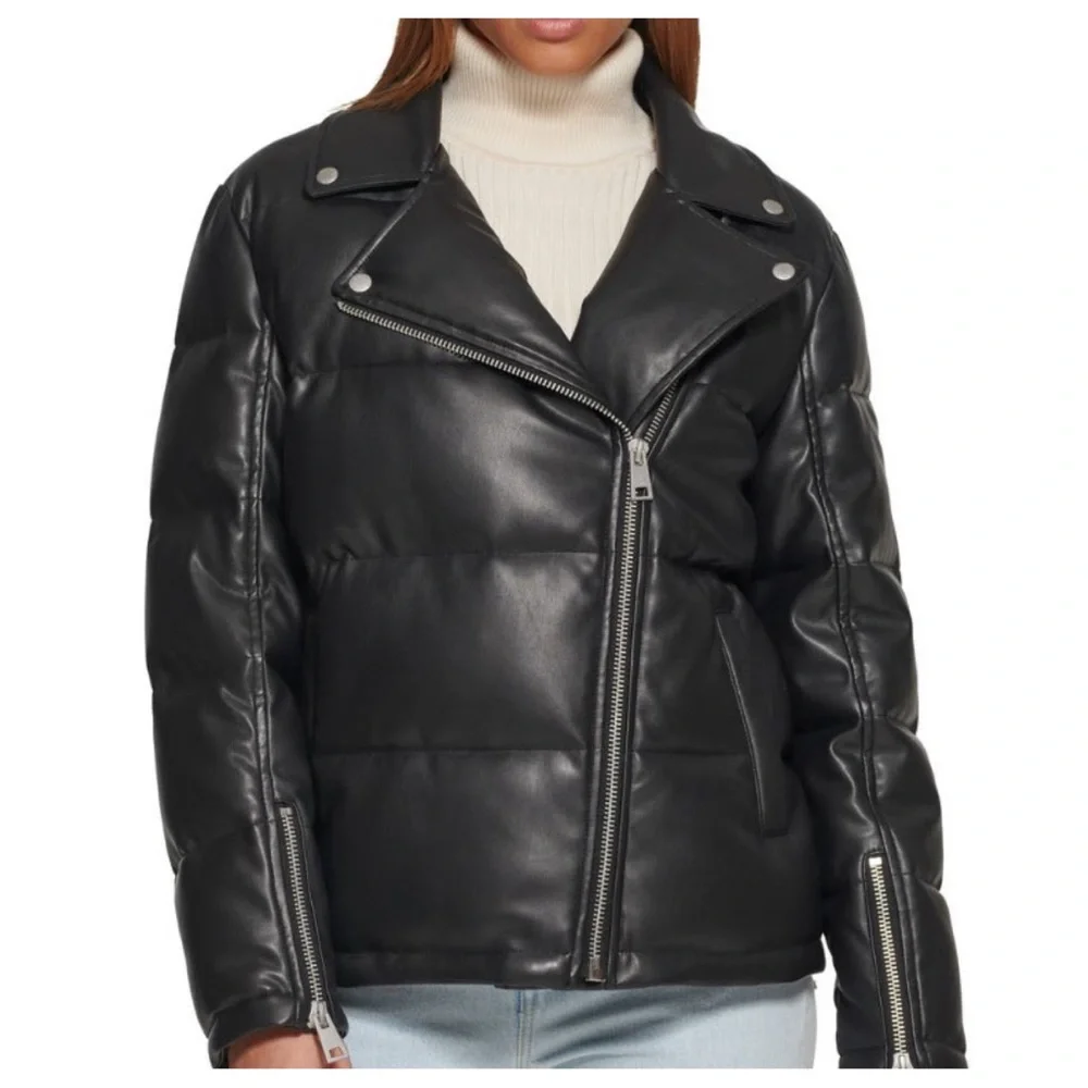 Levi's Black Moto Puffer Faux Leather Jacket Sz M NWT! - Picture 1 of 7